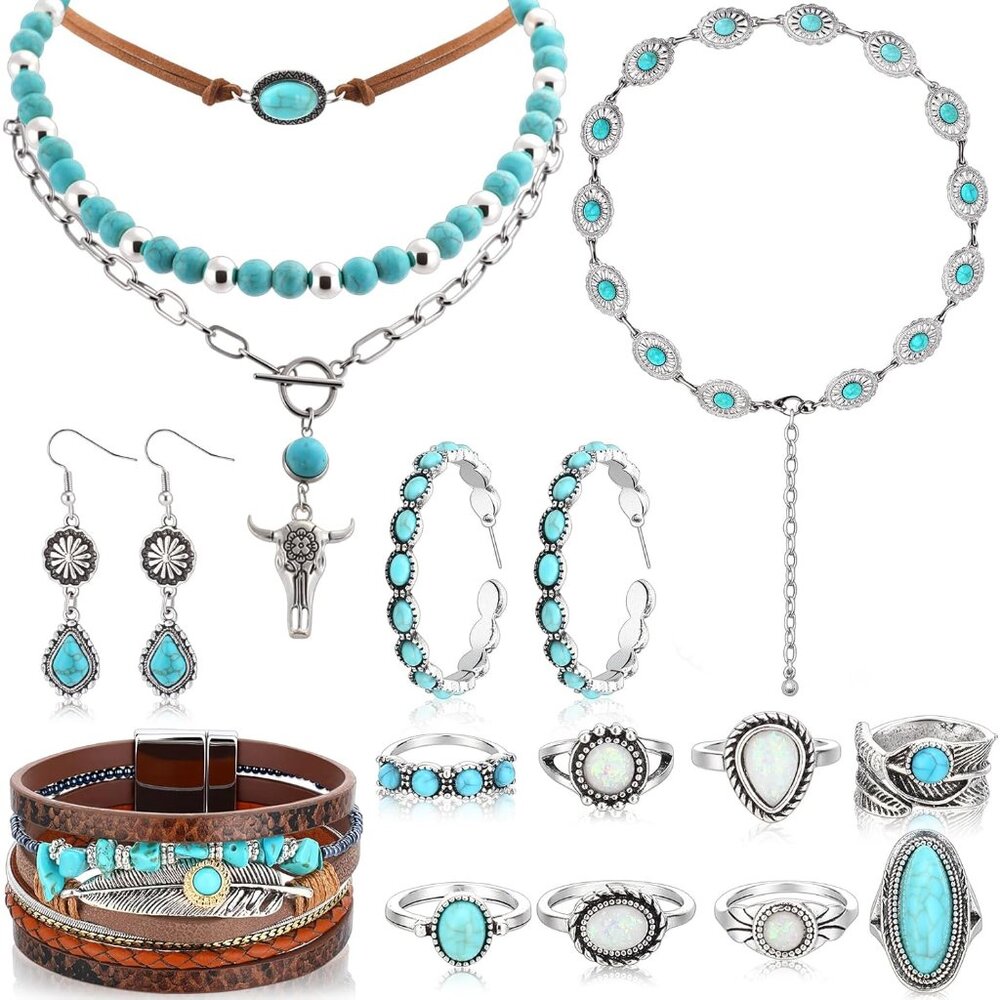15 Pcs Western Turquoise Jewelry Set for Women Bohemian Accessories Adjustable B